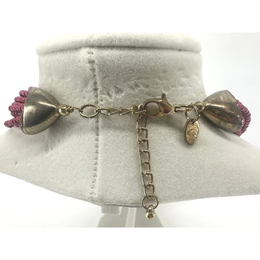 Coldwater Creek Magenta Multi Strand Seed Bead Necklace Gold Ribbed Statement